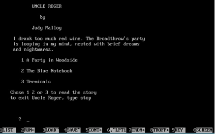 Interface da narrativa hipertextual Uncle Roger, da poetisa Judy Malloy, criado em 1987. O leitor pode fazer uma leitura não-linear a partir das escolhas permitidas pela programação.